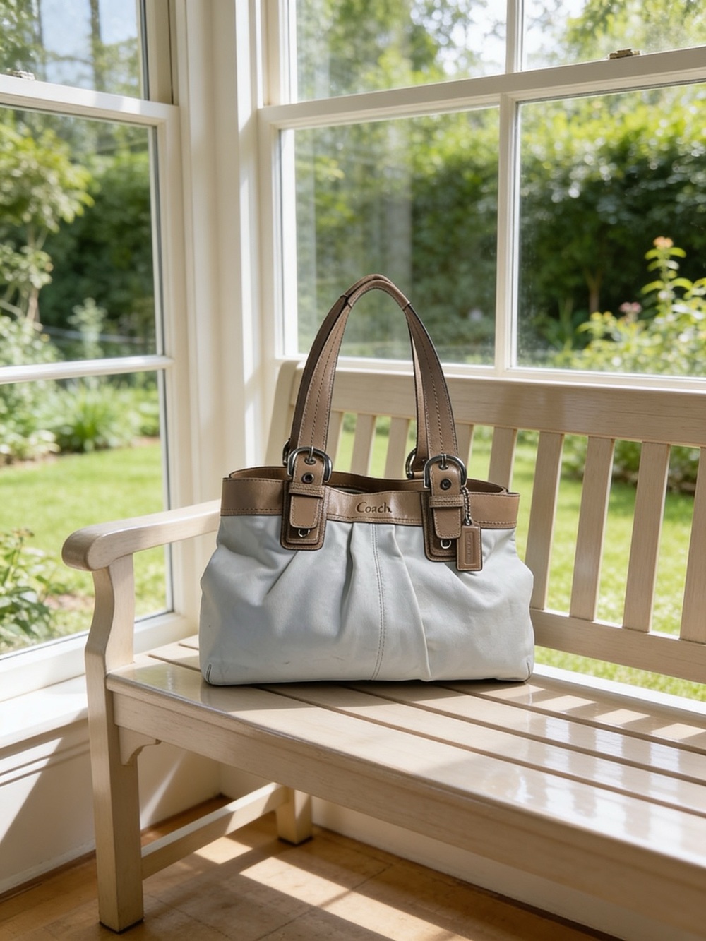Vintage Coach 13733 Ivory Leather Large Tote Shoulder Bag Taupe Trim